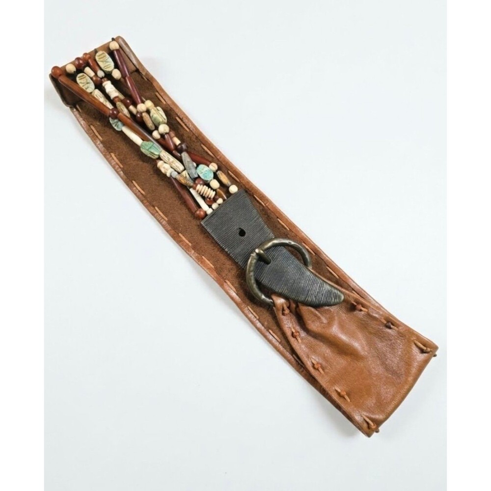 Vintage Suzi Roher Artisan Beaded Leather Statement Belt - Horn Buckle